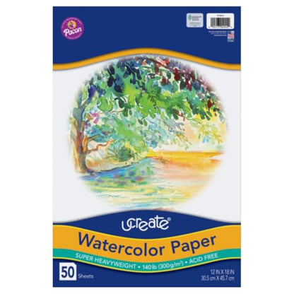 UCREATE 140 lb. Watercolor Paper, White, 12" x 18", 50 Sheets/Pack, 6 Packs | Super Heavyweight, Acid Free, Wet and Mixed Media - size: 12" x 18" (Pack of 6)