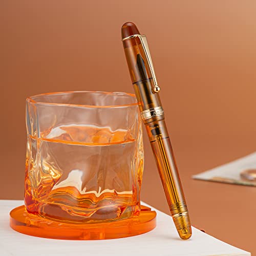 Asvine V126 Vacuum Filling Fountain Pen, Transparent Brown Acrylic Stub Nib 1.1mm Calligraphy Art Drawing with Case Set - color: Transparent brown, style: Stub Nib