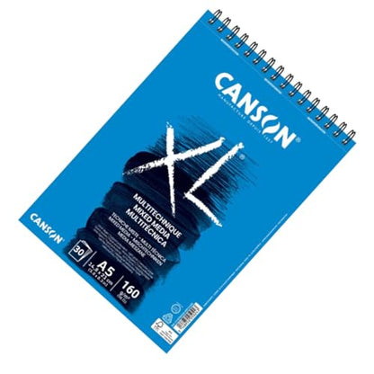 CANSON XL Mixed Media 160gsm A5 Paper, Light Grain, Spiral Pad Short Side, 30 White Sheets, for Professional Artists & Students