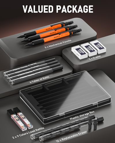 Nicpro 3 PCS 1.3 mm Mechanical Pencils Set with 66 Lead Refill, 3 Eraser | MP2000 Orange Weatherproof Metal Barrel, Heavy Duty Carpenter Pencil for Outdoor Construction Marking Drafting and Drawing - style: 3 Pack (Orange)