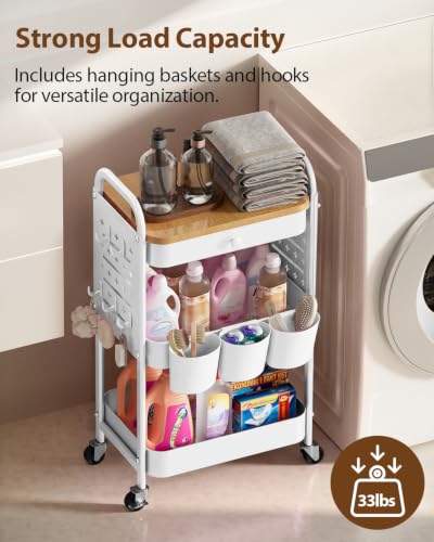 ALVOROG 3 Tier Metal Rolling Cart with Drawer,Wood Top,Pegboards,White | Storage Utility Cart with Drawers,Pegboards,Lockable Wheels,Baskets,Hooks for Kitchen,Office,Bedroom,DIY Supplies - color: White