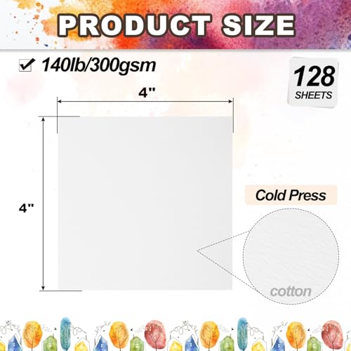 PATIKIL 128 Sheets Cotton Watercolor Paper 140lb/300 GSM Cold Press Water Coloring Paint Paper for Art Painting Watercolor Drawing Artist, 6x6 Inch - size: 6x6 Inch