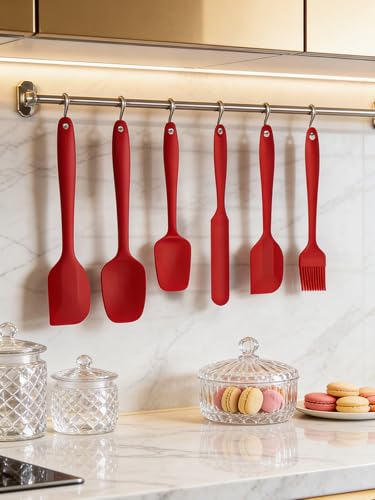 6 Pieces Silicone Spatula Set - Heavy Duty Kitchen Cooking Serving Utensils, Non-Stick Silicone Cooking Utensils Set, Kitchen Utensil Set with Oil Brush, Jar Spatula & Mini Spatulas (Red) - color: Red