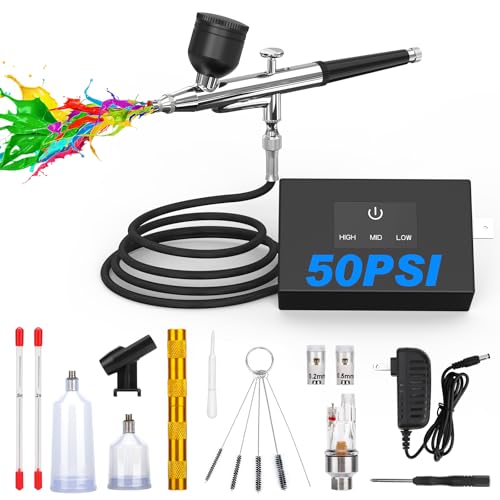 Airbrush Kit with Air Compressor, 50 PSI Clog-Resistant Air Brush Set, Dual Action Airbrush Gun with 3 Nozzles, Cleaning Kit for Painting, Models, Nails, Makeup, Cake Decorating - color: black