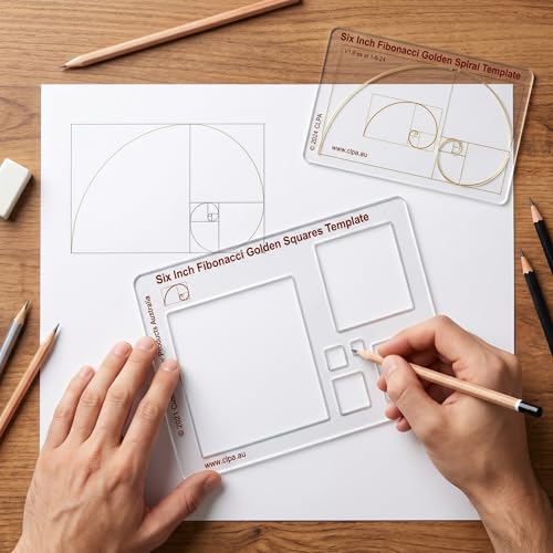 Fibonacci 6" Square Drawing Template, Golden Ratio Stencil | Australian Designed and Made; Geometric Stencil for Art; Drafting and Quilting; PETG - style: 6" Squares