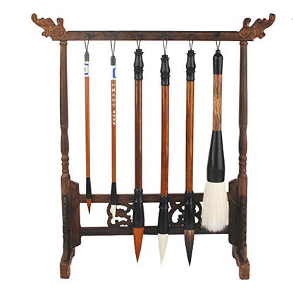 NWFashion Wood Carving Calligraphy Sumi Brush Hanger Calligraphy Rosewood Stand Shelf 12pins Chinese Brush Holder … (6 Brush+Holder) - color: 6 brush+holder