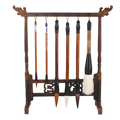 NWFashion Wood Carving Calligraphy Sumi Brush Hanger Calligraphy Rosewood Stand Shelf 12pins Chinese Brush Holder … (6 Brush+Holder) - color: 6 brush+holder