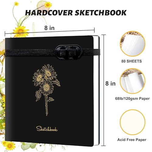 Hardcover Sketchbook for Drawing with 2 Pencils,160 Page Sketch Book,Black | Acid Free 150GSM Thick Paper,Gift Boxed,Square Leather Art Sketch Pad Drawing Paper Book Artist's Journal for Women Adults - color: Black