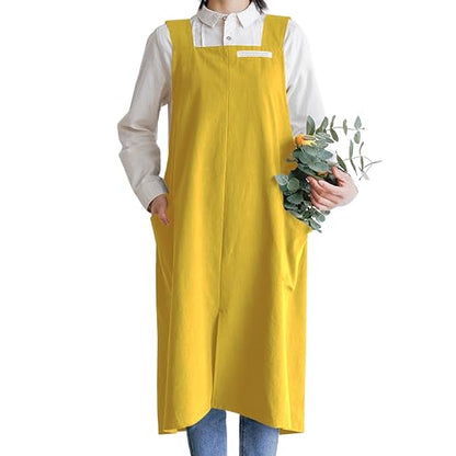 Cotton Aprons for Women and Men | Cross-Back Apron with Pockets - color: Chartreuse