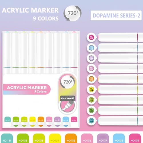 Water Based Acrylic Paint Markers, 9 Colors Paint Pen Set | Dopamine Series-2, Soft Brush Tip, Smooth Writing, Marker Pen for Rock Painting, Egg, Wood, Glass, Mugs, Black Paper - color: Dopamine Series-2