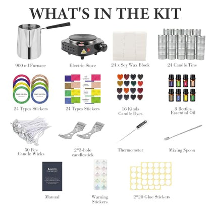 SAEUYVBCandle Making Kit,Candle Making Kit with Wax Melter, Complete Candle Making Kit for Adults Beginners, Candle Making Supplies, DIY Arts & Crafts Kits Perfect as Home Decorations - size: 24 pcs candle tins kit with melter