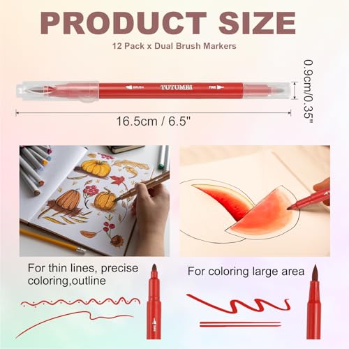 PATIKIL 12 Pack Dual Markers Brush Pens, Bright Red Double Tip Colored Pen Coloring Marker Set Supplies for Adults Coloring Books Note Taking Writing Calligraphy Drawing Sketching - color: Bright Red