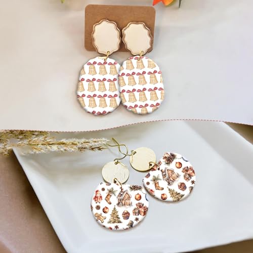 15 Pcs Christmas Transfer Paper for Polymer Clay, Xmas Trees, Snowman, Poinsettia，Jingle Bells, Gingerbread Water Soluble Transfer Sheets for Polymer Clay DIY Art Jewelry Earrings Making 5.82X3.93in