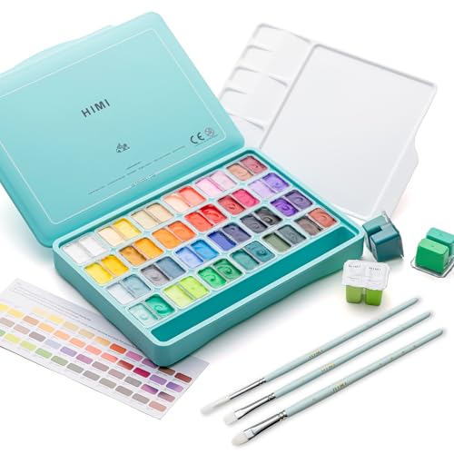 HIMI Twin Cup Jelly Gouache Paint Set with 3 Paint Brushes, 48 Colors 12g, Jelly Cup Design, Non Toxic Paint for Canvas and Paper, Art Supplies for Professionals (Green Case) - color: 48 colors