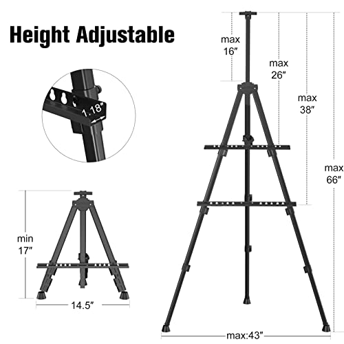 Art Painting Display Easel Stand - Portable Adjustable Floor Artist Easel | Aluminum Metal Tripod Black Stand with Bag, Height from 17" to 66", Sturdy for Table-Top/Floor Painting, Drawing, Displaying - style: Black - 1pack