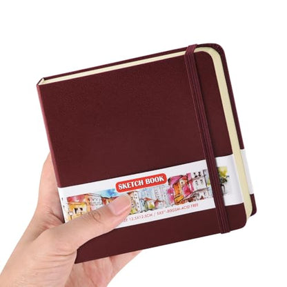 5x5 Pocket Sketch Book,80gsm Hardcover Art Sketchbook for Drawing Journal | PU Cover,Blank Paper,96Sheets/192Pages,Lay-Flat,Portable Travel Creation Paint Diary Memo Planner,Dry Media.Dark Red - color: PU Cover-5x5in-Dark Red
