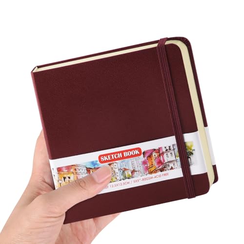 5x5 Pocket Sketch Book,80gsm Hardcover Art Sketchbook for Drawing Journal | PU Cover,Blank Paper,96Sheets/192Pages,Lay-Flat,Portable Travel Creation Paint Diary Memo Planner,Dry Media.Dark Red - color: PU Cover-5x5in-Dark Red