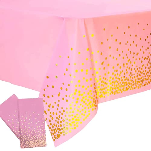 2 Pack Plastic Pink Tablecloth - Disposable Pink & Gold for Rectangle Tables 54" x 108" - Party Decorations for Birthdays, Thanksgiving, Christmas, Valentines, Weddings, Outdoor BBQ & Picnics - color: Pink, size: 2 Pack