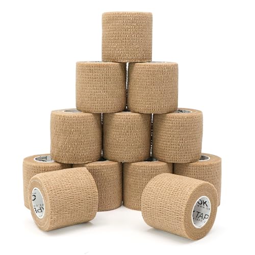 OK TAPE 12 Rolls Self Adhesive Bandage Wrap, Cohesive Elastic Athletic Tape - color: Beige, size: 2 Inch