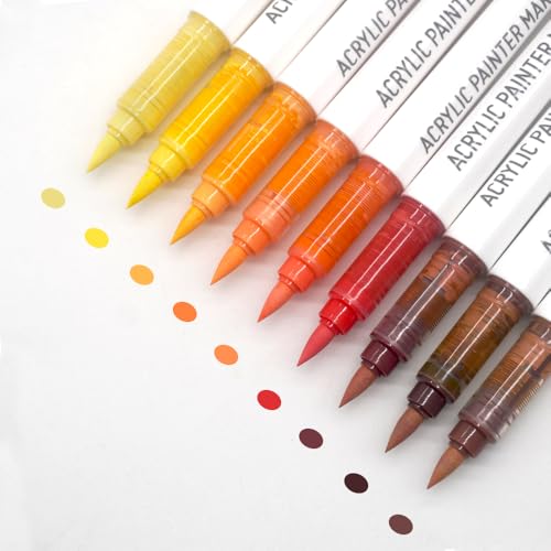 Water Based Acrylic Paint Markers, 9 Colors Paint Pen Set | Red Yellow Series, Soft Brush Tip, Smooth Writing, Marker Pen for Rock Painting, Egg, Wood, Glass, Mugs, Black Paper - color: Red Yellow Series