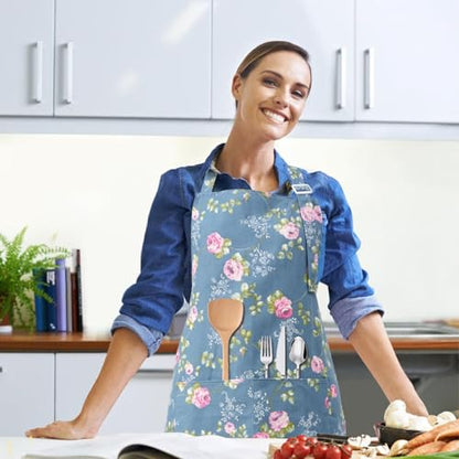 DILLMAN Aprons for Women with Pockets Cotton Linen Cooking Kitchen Baking Soft Durable Floral Gardening Apron - color: Blue