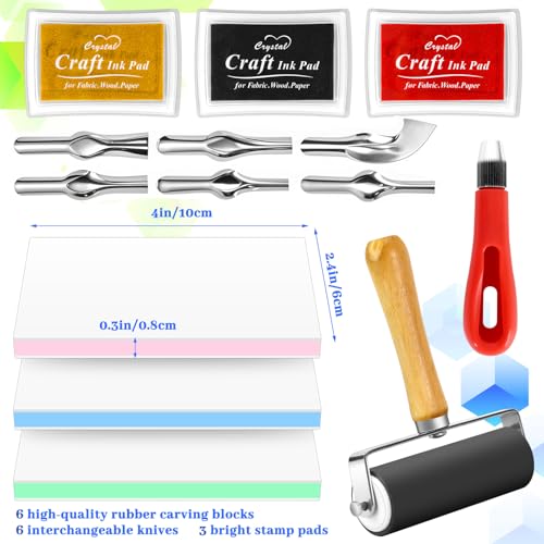 11 Pack Linoleum Block Stamp Making Kit, 6pcs 4"x2.4" Rubber Carving Blocks, 3 Ink Pads, Brayer Roller & 6 Type Blades Carving Tools for DIY Stamp Making for Beginners (Blue/Pink/Green, Peelable) - color: 6pack, size: 4"x2.4"