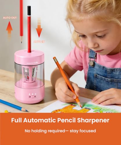 Electric Pencil Sharpener for Classroom, Fully Automatic, Light Pink | Type-C Rechargeable, Auto In/Out, 2000mAh Built-in Battery, Fast Sharpen, For 6-8mm No.2&Colored Pencils, Home, School Office - color: Lightpink