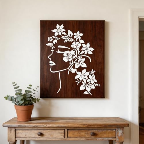 TIAMECH A4 Reusable Floral Woman Face Stencil for Painting | Elegant Lady Profile Layering Template, DIY Wall Art, Wood Furniture, Scrapbook & Crafts (8.3x11.7inch) - style: Floral Woman Face
