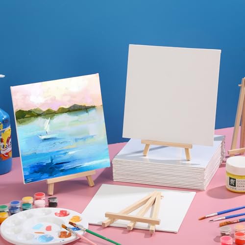 Motimind 36 Pcs 8 x 8 Mini Canvas and 8" Easel Set Bulk for Paint Party | Painting Art Crafts for Back to School Classroom Birthday Valentine Christmas Mother's Day End of School Year Gifts - size: 8 x 8 Inch