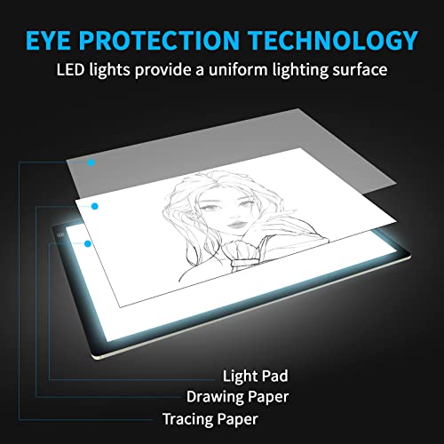 TOHETO A2 Artist Tracing Light Pad with 2 Clips, 12V2A Adapter Power Stepless Dimmable Brightness Large Artcraft Light Box Copy Board for Diamond Painting Weeding Vinyl Tattoo Drawing (23.7''x15.8'')