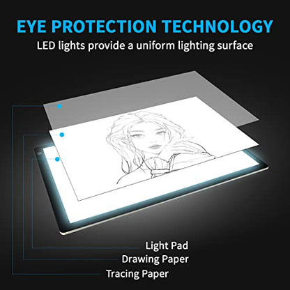 TOHETO A2 Artist Tracing Light Pad with 2 Clips, 12V2A Adapter Power Stepless Dimmable Brightness Large Artcraft Light Box Copy Board for Diamond Painting Weeding Vinyl Tattoo Drawing (23.7''x15.8'')