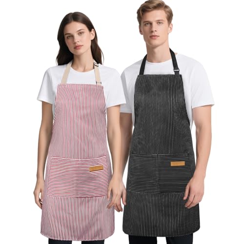 2 Pack Kitchen Cooking Aprons, Soft Aprons for Women Men with 2 Pockets Chef Apron with Adjustable Neck Strap and Long Tie - color: Pink/Black