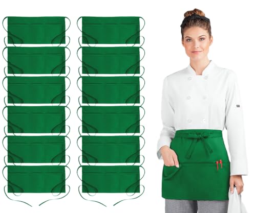 Avalon Kitchen Server Aprons with 3 Pockets – 100% Polyester Waist Apron, 24x12 Inch Half Apron, Waitress Apron for Servers - color: Green, style: Pack of 12