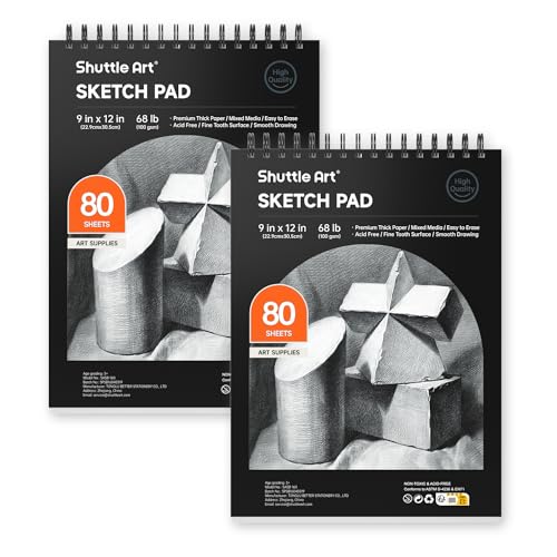 Artists Sketch Books, 9 x 12 Shuttle Art 160 Sheets of Sketch Paper pad Ideal for Drawing and School Supplies (2 Pack) - size: 80 Sheets x2