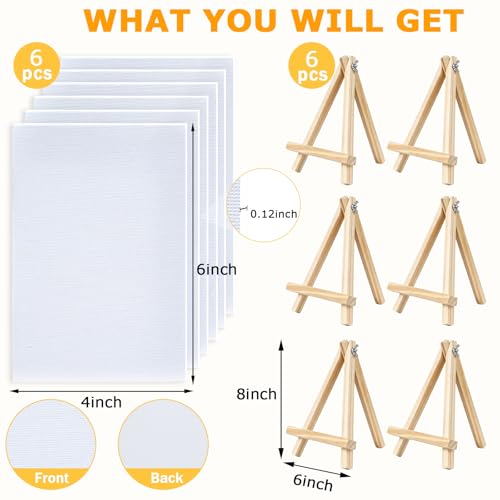 12 Pcs Mini Canvas and Easel Set 4''x6'' Small Blank Canvas Boards with Pine Wood Easels - Beginner Sip Paint Kit for Acrylic Oil Watercolor &Crafts - Ideal for Tabletop Display and Adults Party - size: 4''×6''