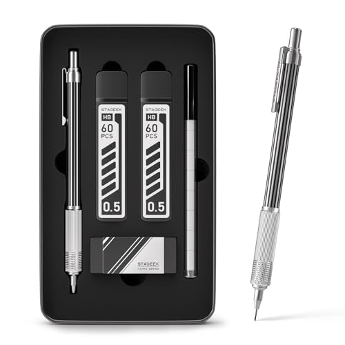 STAGEEK 0.5mm Metal Mechanical Pencil with Metal Gift Case，Silver - color: Silver（0.5mm）