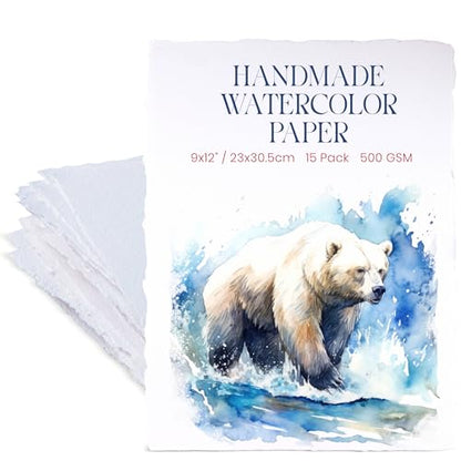Wanderings Thick Handmade Watercolor Paper with Deckled Edge - 9" x 12" - 500GSM Premium White Cold-Pressed Textured Mixed Media Paper Made with Recycled Cotton - 15 Loose Leaf Sheets - color: White, size: 9x12 inches