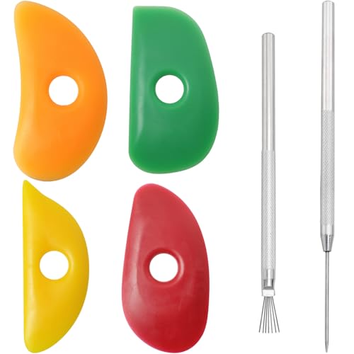 LUORNG 6PCS Pottery Ribs and Silicone Sculpting Tools Set 4 Silicone Pottery Ribs 2 Detail Needles for Clay Modeling Ceramic Shaping Detailing Suitable for Beginners Professionals
