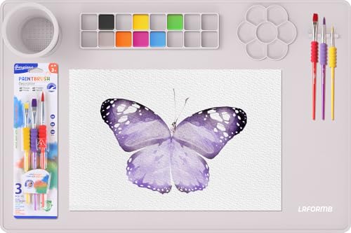 Silicone Painting Mat, 23.6x15.8in Art Craft Mat with Brushes | For watercolor resin clay DIY art use, waterproof table protection painting station with cup palette, 3 brushes, purple - color: Purple