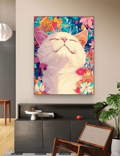 ZRIZQ Paint by Numbers Kit for Adults Beginner,Cat Sleeping Flowers,16x20 | Full set with wooden brushes,rolled canvas,rich paints.Calming activity.Beginner friendly.Just open and paint. - color: 16"X20"Rolled Canvas(Frameless)-Cat 17