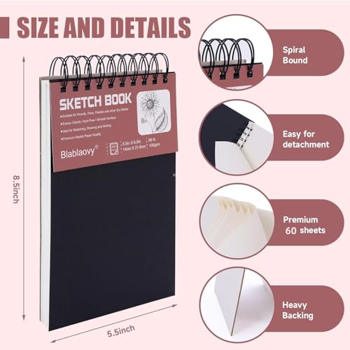 Sketch Book, 5.5" x 8.5" Sketchbook with 60 Sheets (68lb/100gsm), 1 Pack Drawing Pad Acid Free Drawing Book Sketch Pad for Kids Adults Beginners Artists - color: Black 1