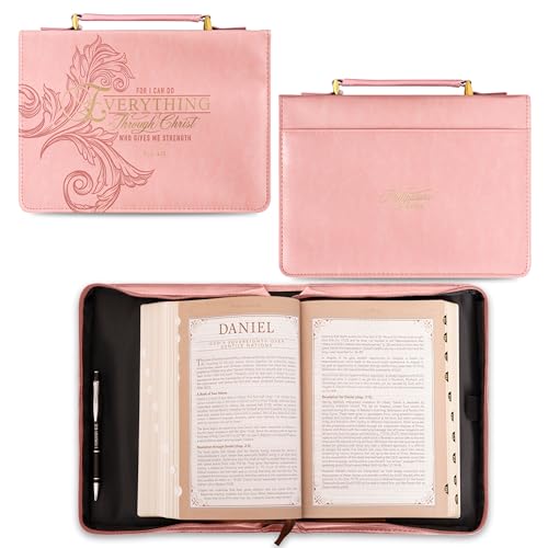 Christian Art Gifts Pink & Gold Floral Faux Leather Fashion Bible Cover for Women: Everything Through Christ - Phil. 4:13 Inspirational Scripture w/Sleeves, Pocket, Pen Loops to Organize, Pink, Medium - size: Medium