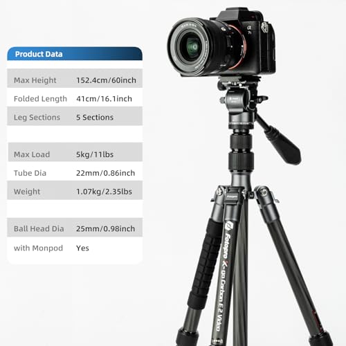 Fotopro 59" Carbon Fiber Travel Tripod, Compact Video Tripods with Fluid Head, Detachable Monopod with Quick Release Plate and Bag, Camera Tripod Load up to 8KG/17.63lbs - color: Black, size: 62" Video (Carbon Fiber)