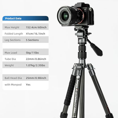 Fotopro 59" Carbon Fiber Travel Tripod, Compact Video Tripods with Fluid Head, Detachable Monopod with Quick Release Plate and Bag, Camera Tripod Load up to 8KG/17.63lbs - color: Black, size: 62" Video (Carbon Fiber)