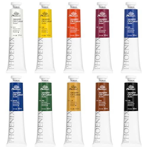 PHOENIX Studio Oil Paint Set - 10 Classic Colors x 50ml / 1.69 Fl oz. with Rose & Sap Green for Landscape Painting, Florals, Nature Scenes - Professional Oil Based Art Paints - color: 10 Colors - B