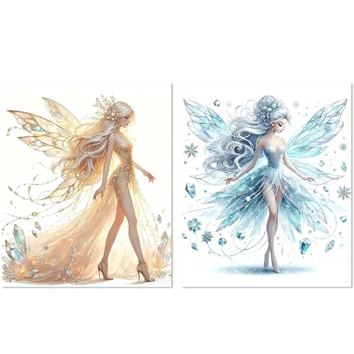 XUNLURY Fairy Diamond Art Kits 2 Pcs, Golden and Blue Fantasy Fairy Diamond Painting Kits for Kids Girls Adults Beginners, Full Drill Diamonds Dots for Home Decor, 9.8x11.8 Inch - color: color_3, size: 10 x 11.8 inches