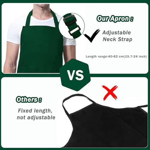 3 Pack Black White Chef Apron, Adjustable Kitchen Apron with 3 Pocket for Men Women Waitress Waiter Serve (Polycotton) - color: Green