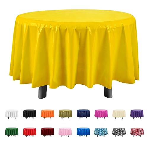 Eleclassi Yellow 12 Pack Premium Round Disposable Tablecloth - 84 Inch Round Plastic Table Cloths for Parties - color: Yellow, size: 12 Pack Round