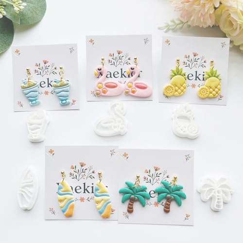 Summer Vibes Polymer Clay Cutters Set - 11pcs Vacation Shapes Including Palm Tree, Flamingo Float, Flip Flops, Surfboard & Smoothie for DIY Earring Jewelry, Soft Clay Crafts & Scrapbooking - color: U color