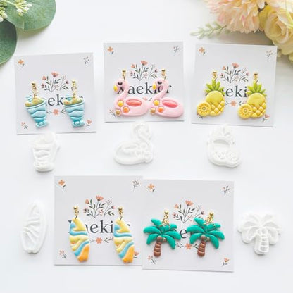 Summer Vibes Polymer Clay Cutters Set - 11pcs Vacation Shapes Including Palm Tree, Flamingo Float, Flip Flops, Surfboard & Smoothie for DIY Earring Jewelry, Soft Clay Crafts & Scrapbooking - color: U color